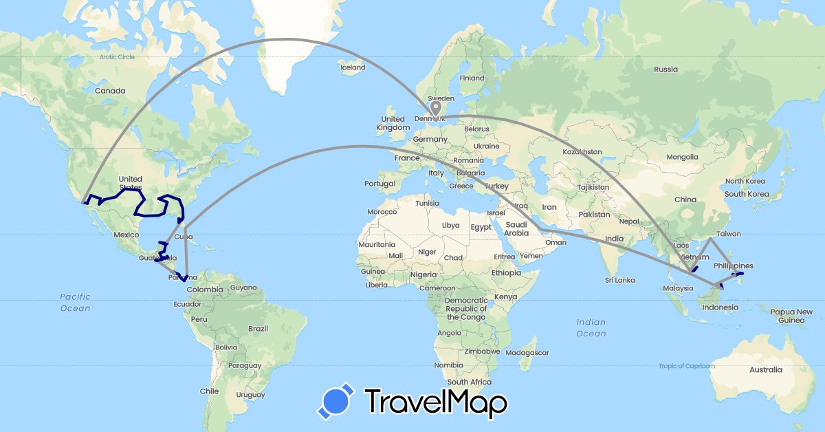 TravelMap itinerary: driving, plane in Belize, China, Costa Rica, Denmark, Guatemala, Honduras, Mexico, Malaysia, Panama, Philippines, Qatar, United States, Vietnam (Asia, Europe, North America)